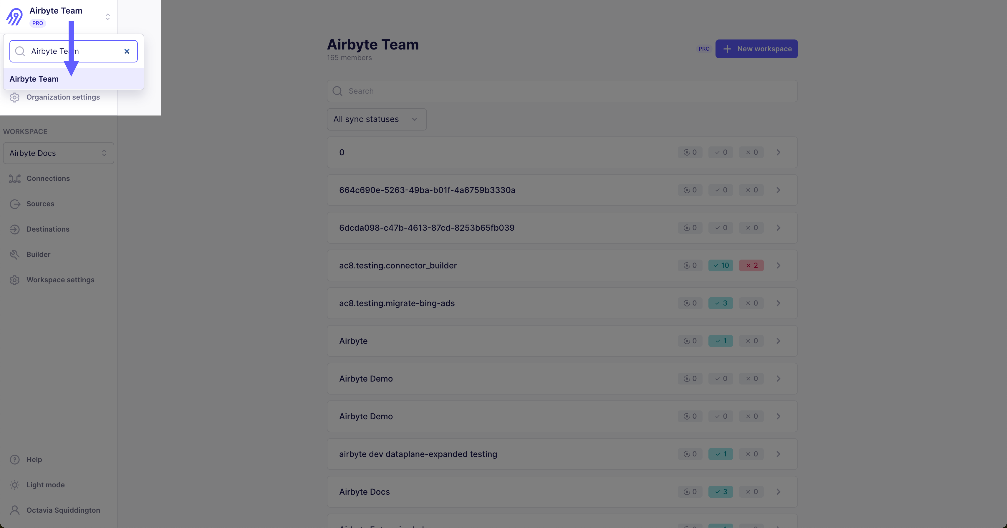 Selected workspaces.